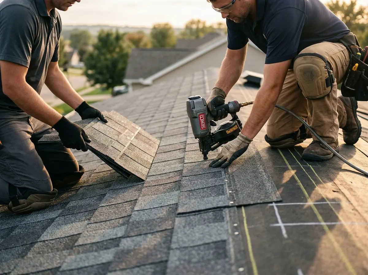 Professional roofer working on a residential roof in Temecula